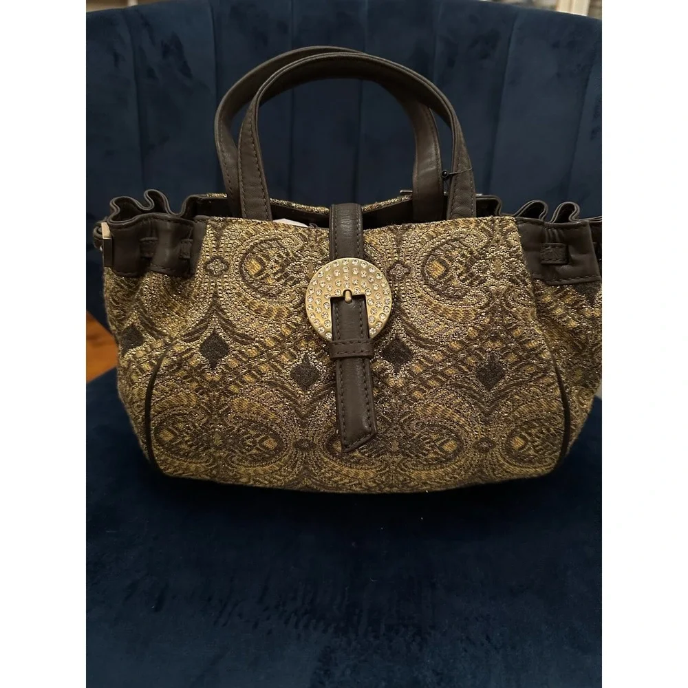 Donald J Pliner Gold Brocade Finesse Satchel Buckle Detail Handbag‎ Purse